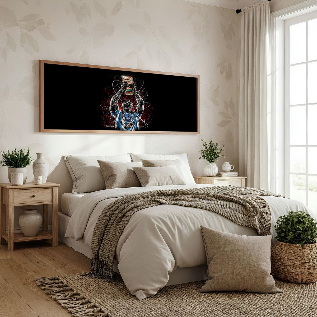 Luffy Cosmic Reach Panoramic Wall Art shown in a bedroom
