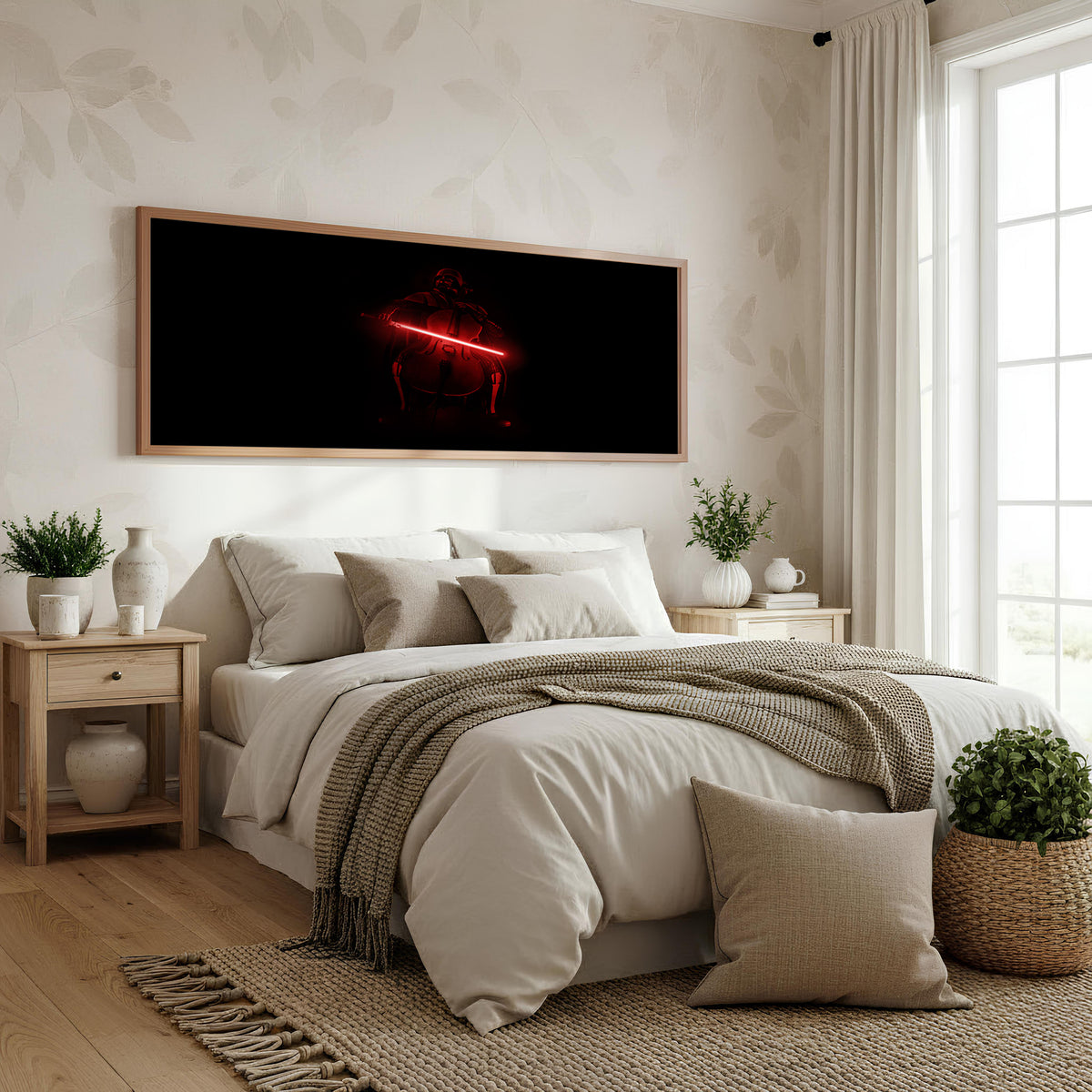 Crimson Sith Sentinel Panoramic Wall Art shown in a bedroom