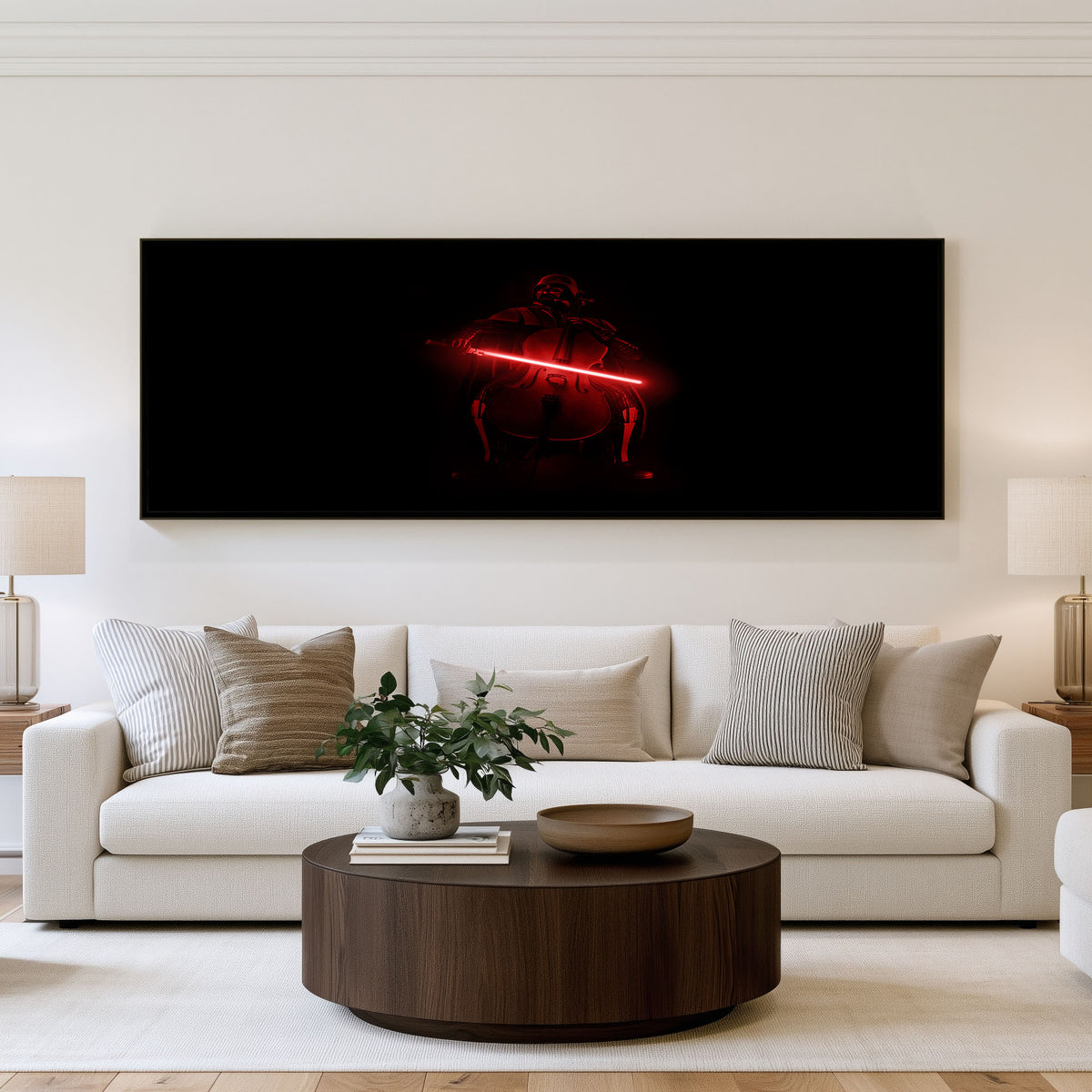 Crimson Sith Sentinel Panoramic Wall Art shown in a living room