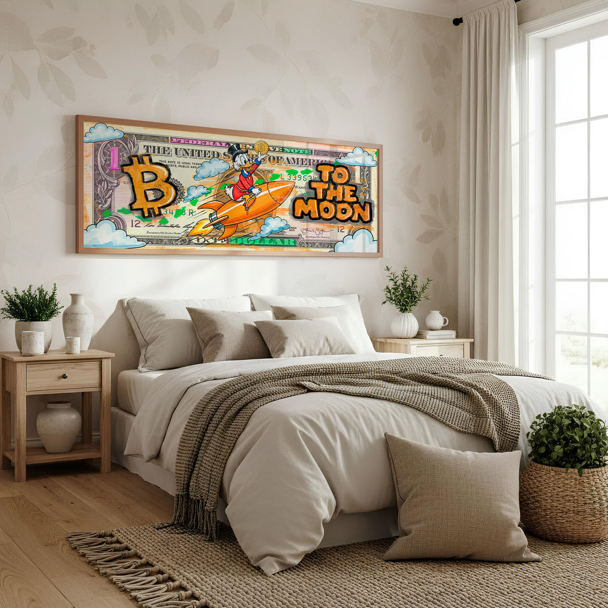 Crypto Moonshot Panoramic Wall Art shown in a bedroom