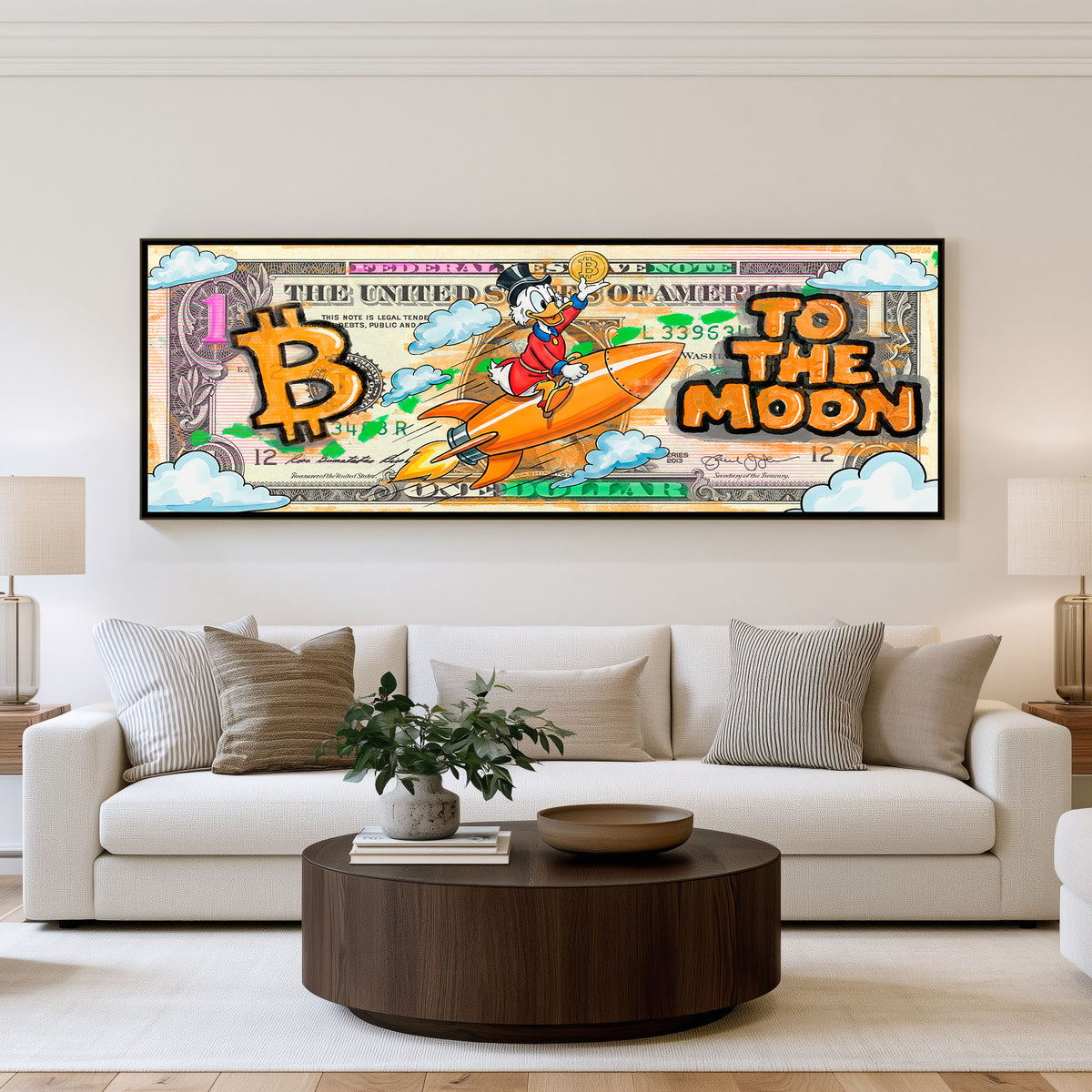 Crypto Moonshot Panoramic Wall Art shown in a living room