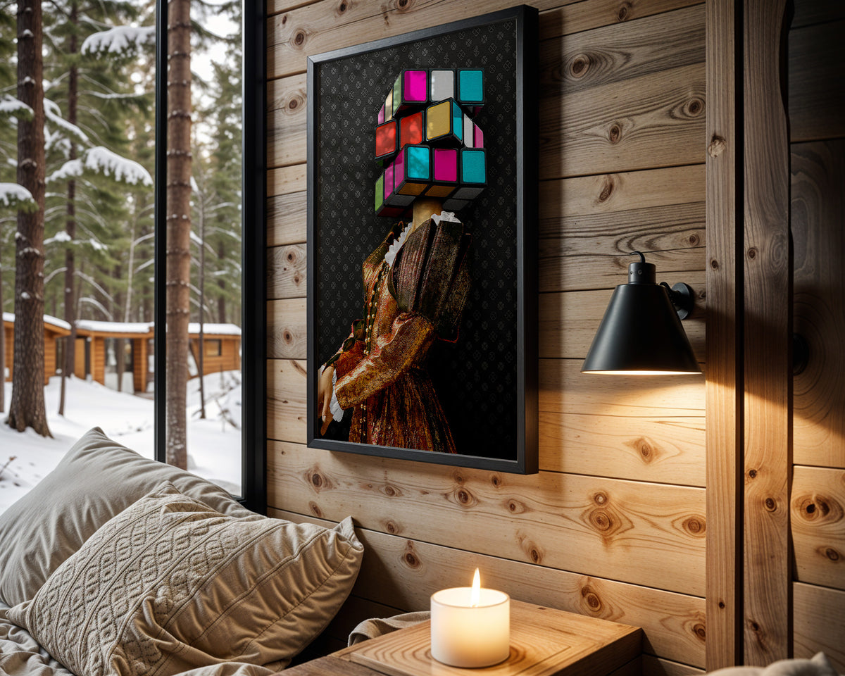 Cube Head wall art in cabin interior