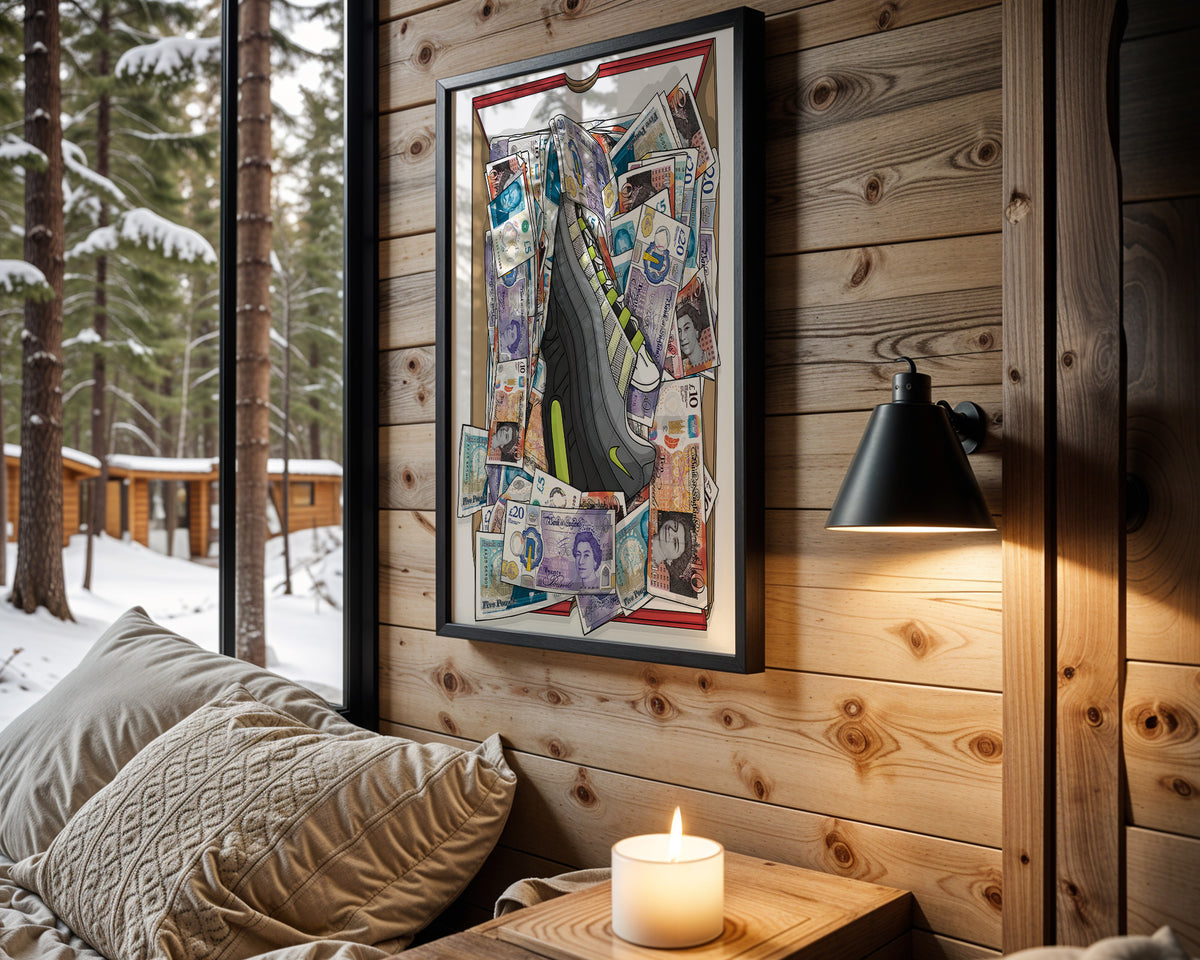 Currency Run sneaker wall art in cabin interior