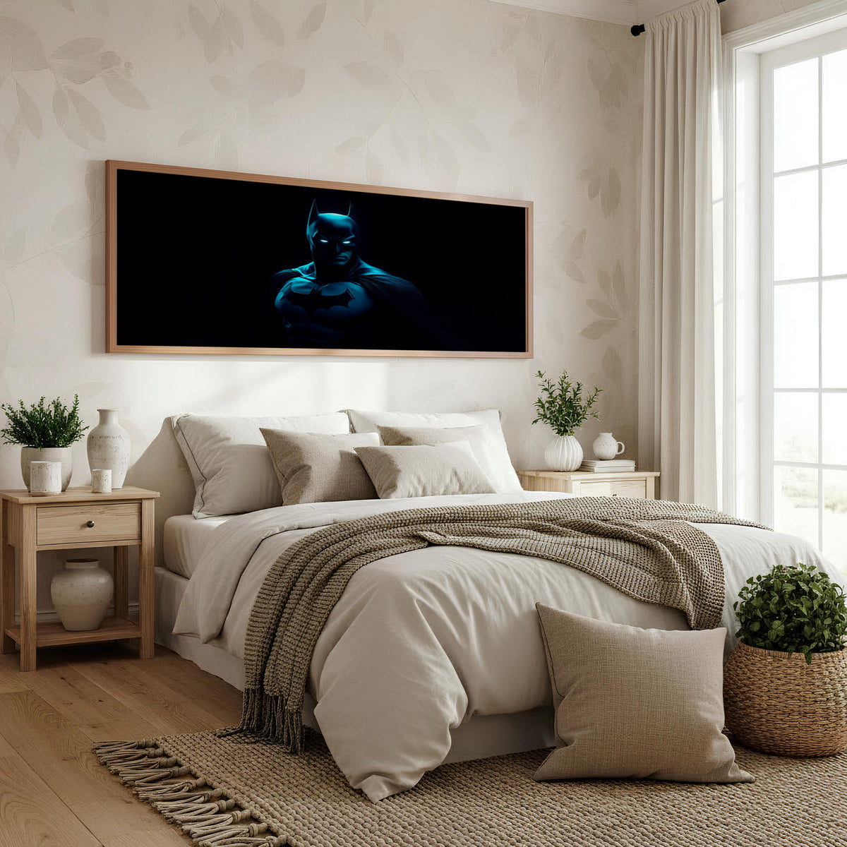 Dark Knight panoramic superhero wall art shown in a bedroom