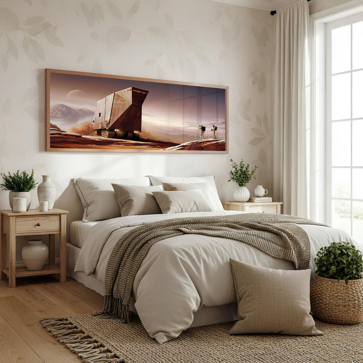 Desert Outpost Panoramic Wall Art shown in a bedroom