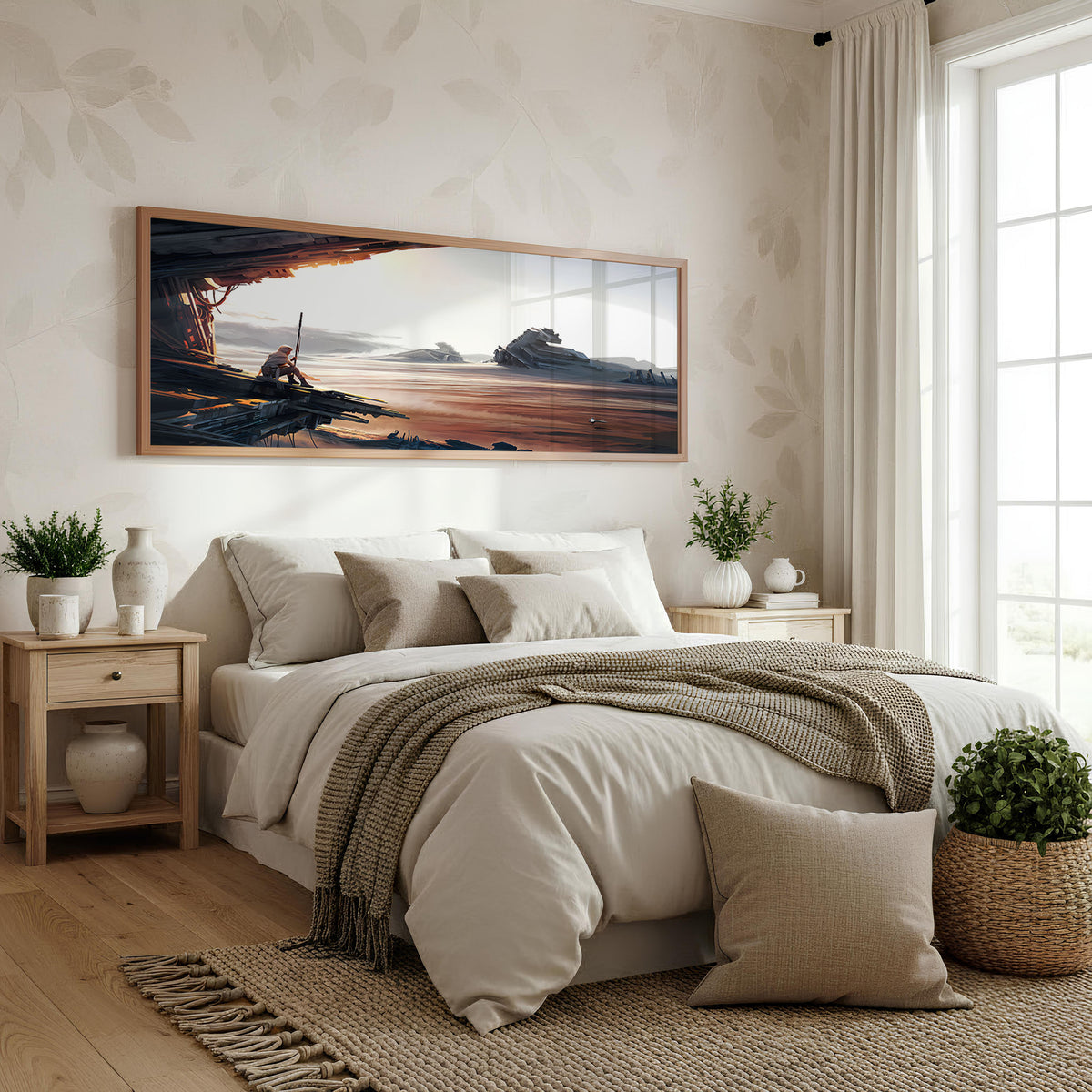 Desert Pursuit Panoramic Wall Art shown in a bedroom