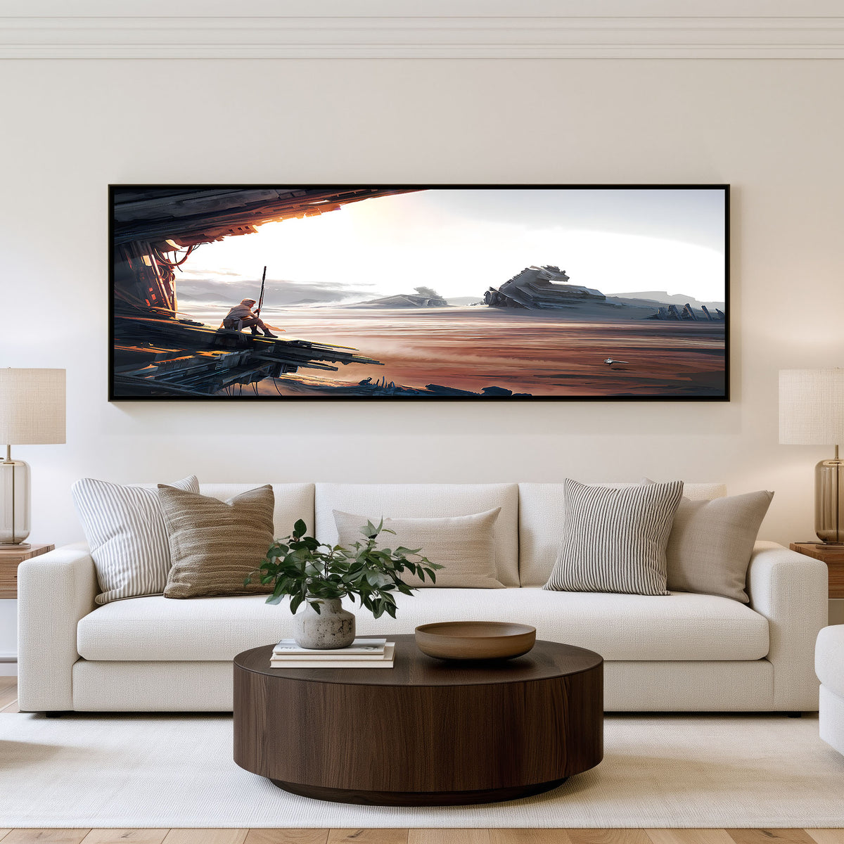 Desert Pursuit Panoramic Wall Art shown in a living room