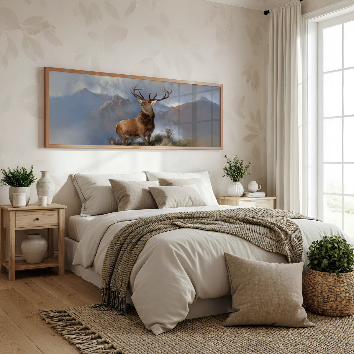 Highland Stag Panoramic Wall Art shown in a bedroom