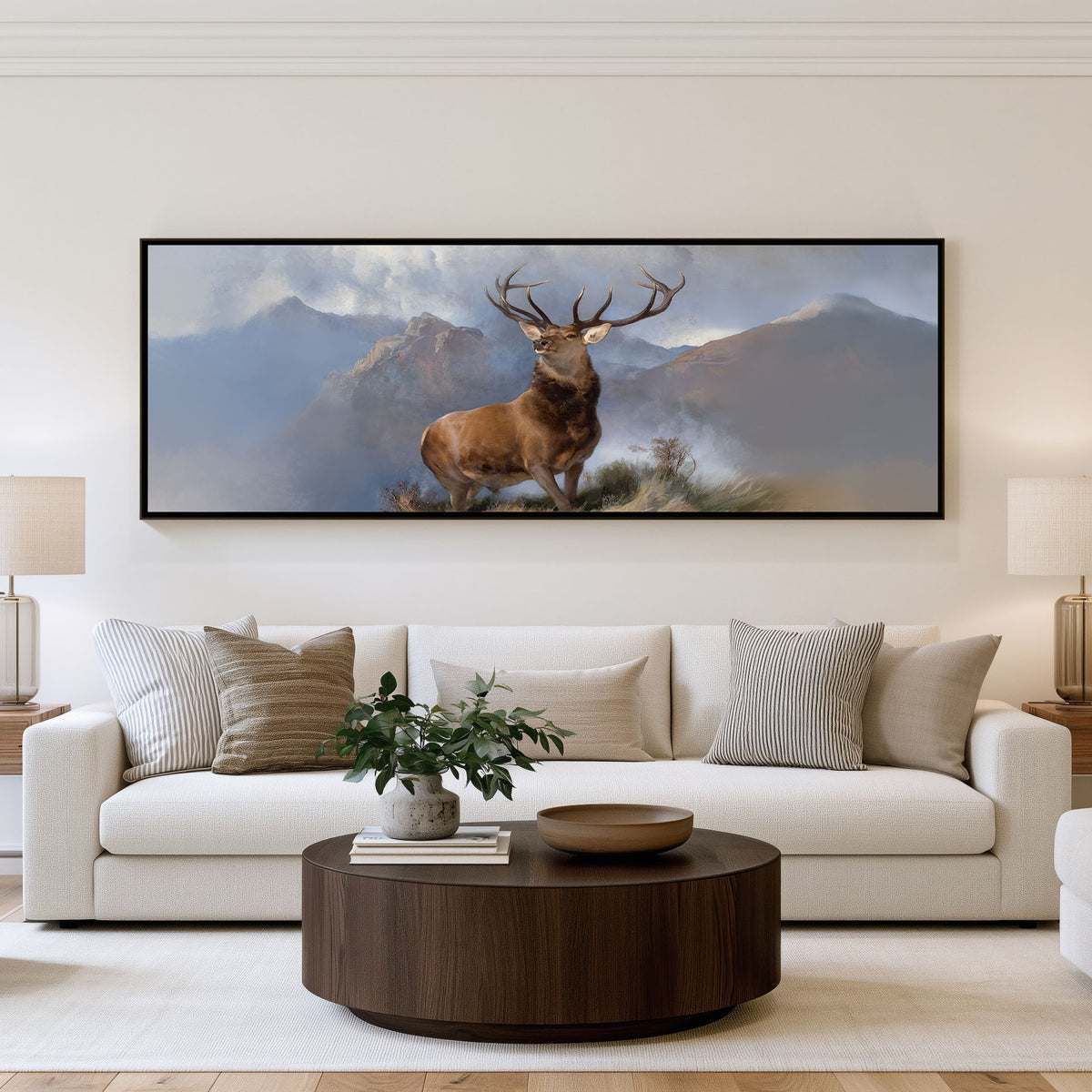 Highland Stag Panoramic Wall Art shown in a living room