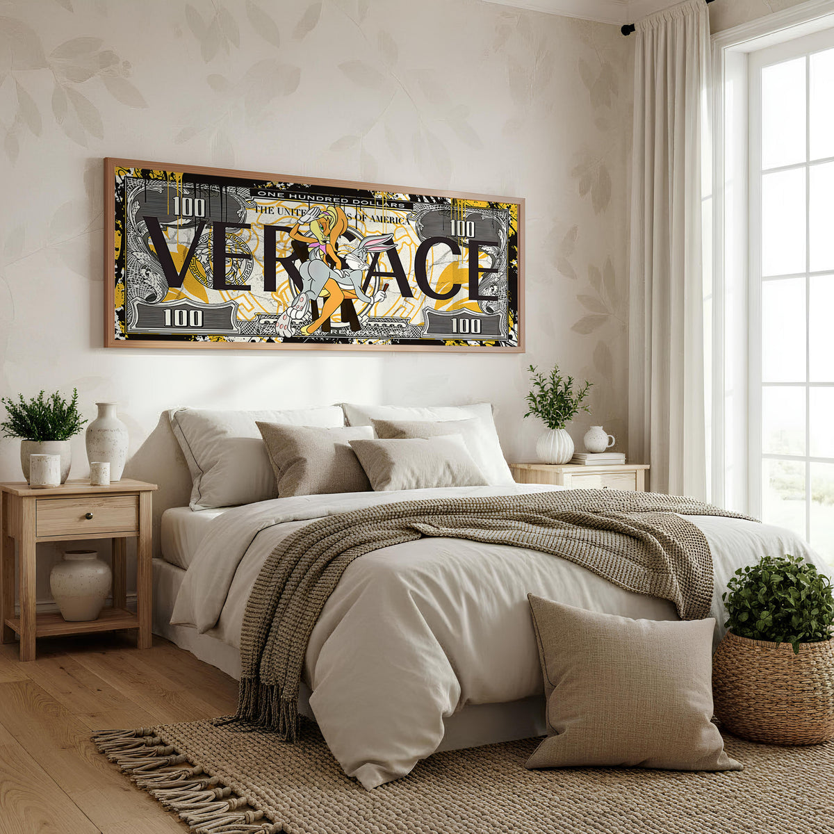 Designer Currency panoramic wall art shown in a bedroom