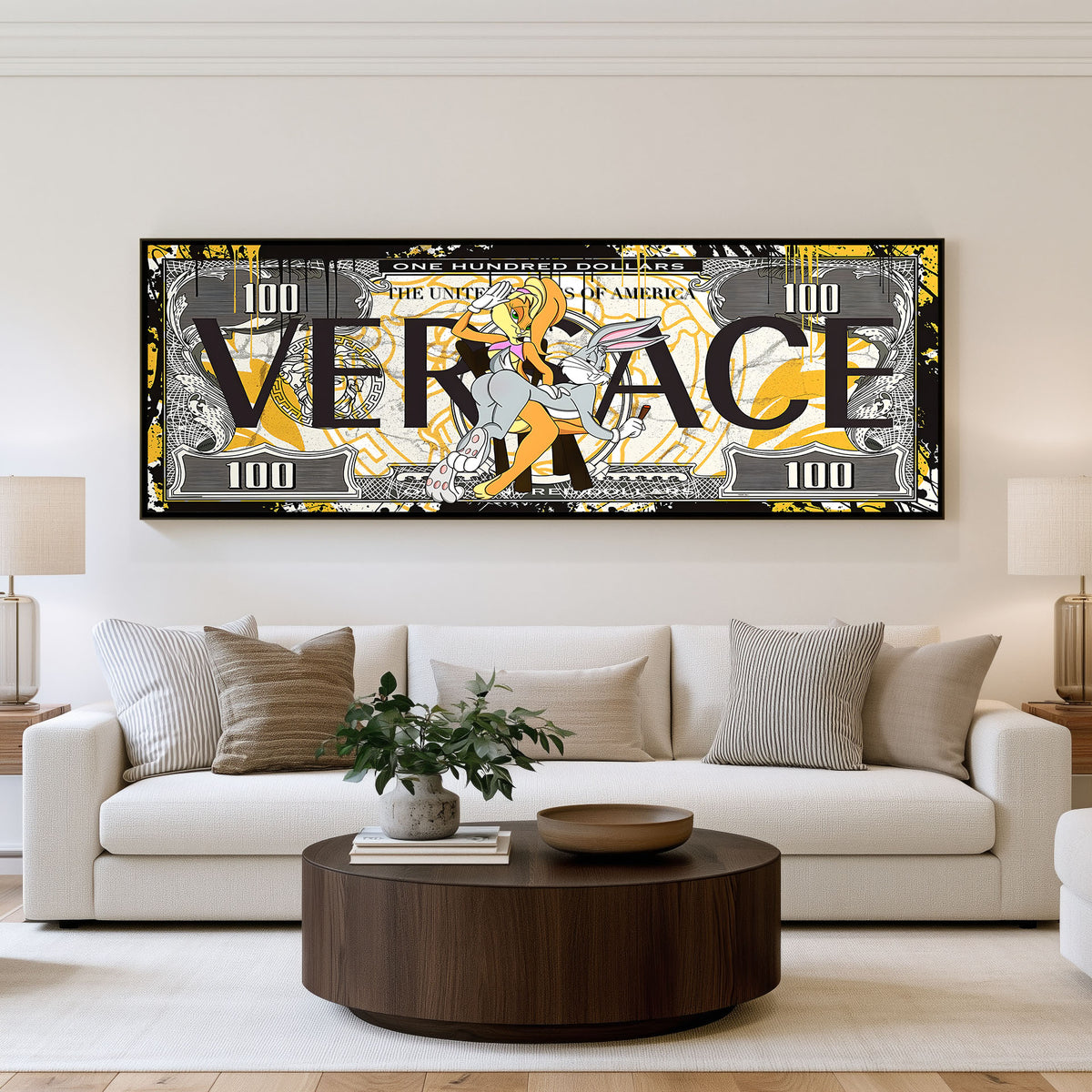 Designer Currency panoramic wall art shown in a living room