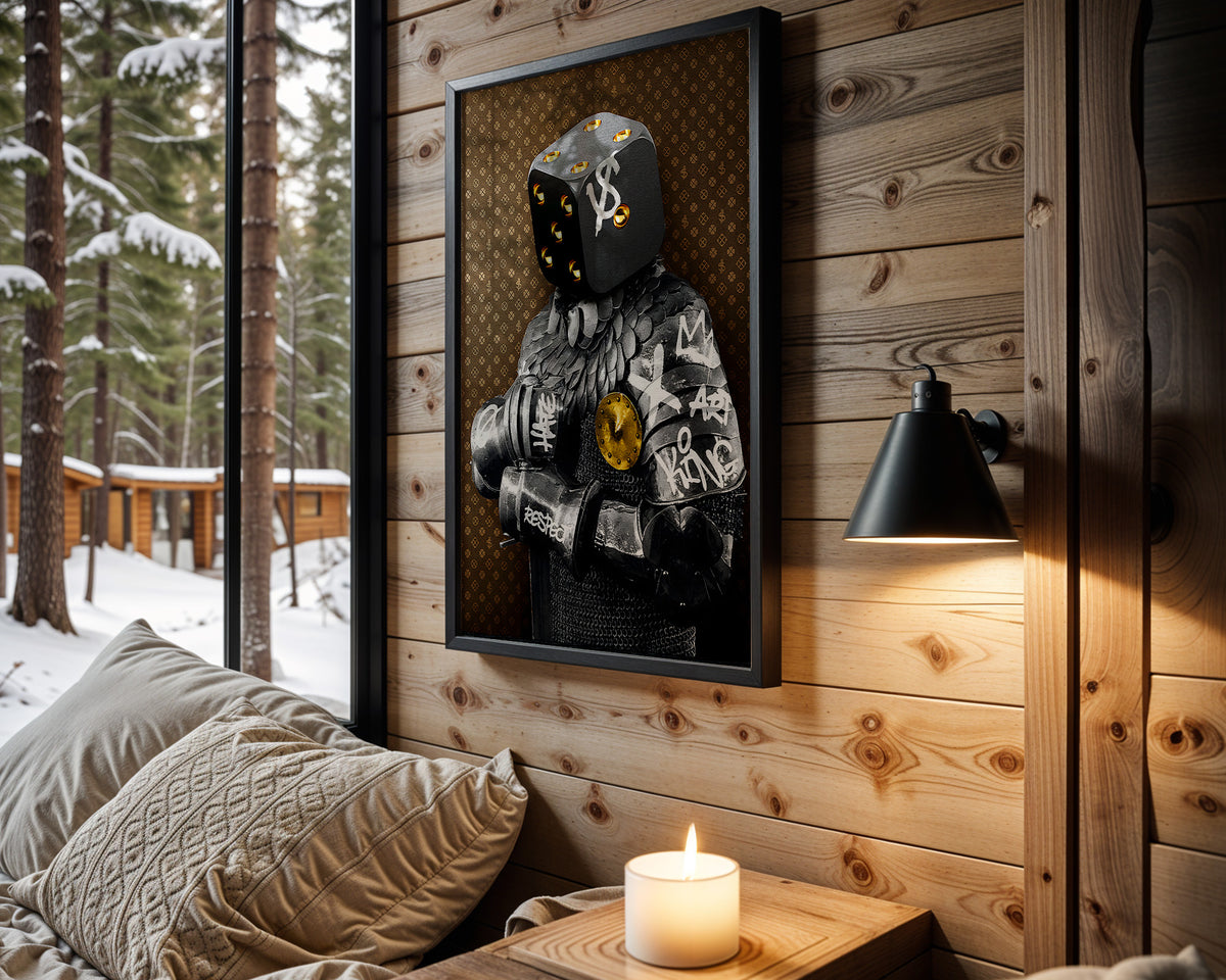 Dice Head wall art in cabin interior