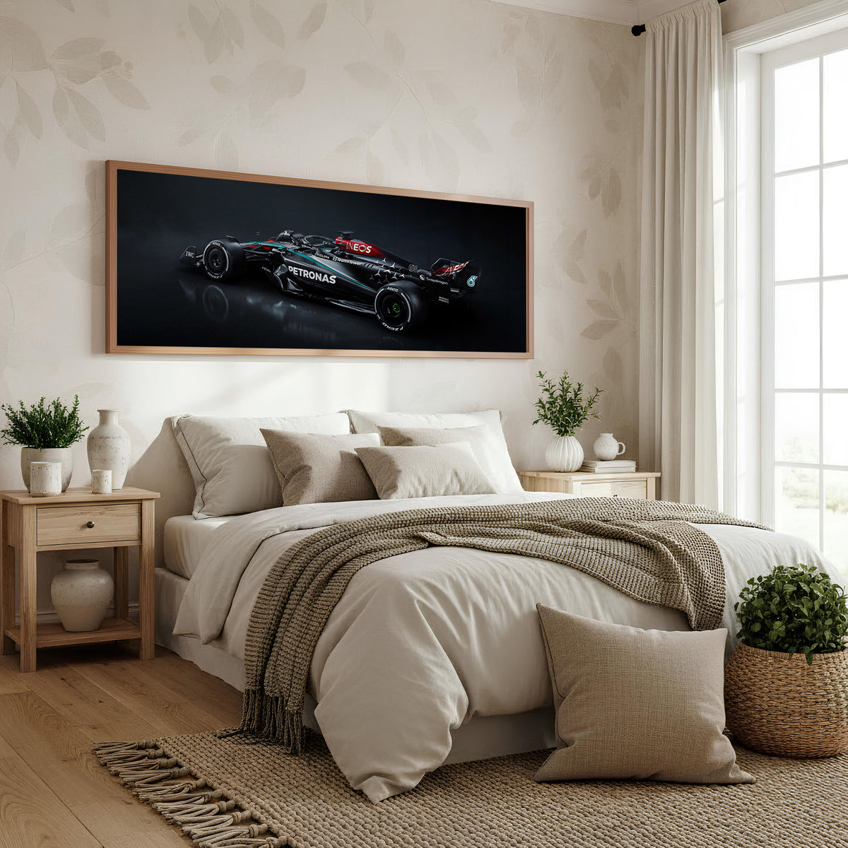 Drive Panoramic Formula 1 Wall Art shown in a bedroom