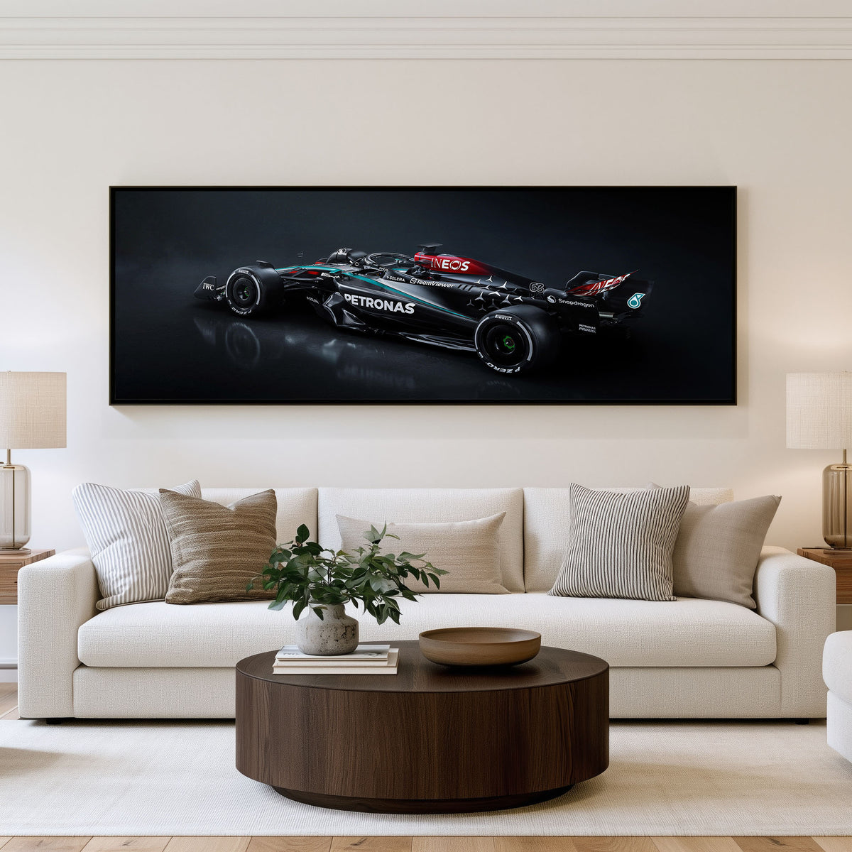 Drive Panoramic Formula 1 Wall Art shown in a living room