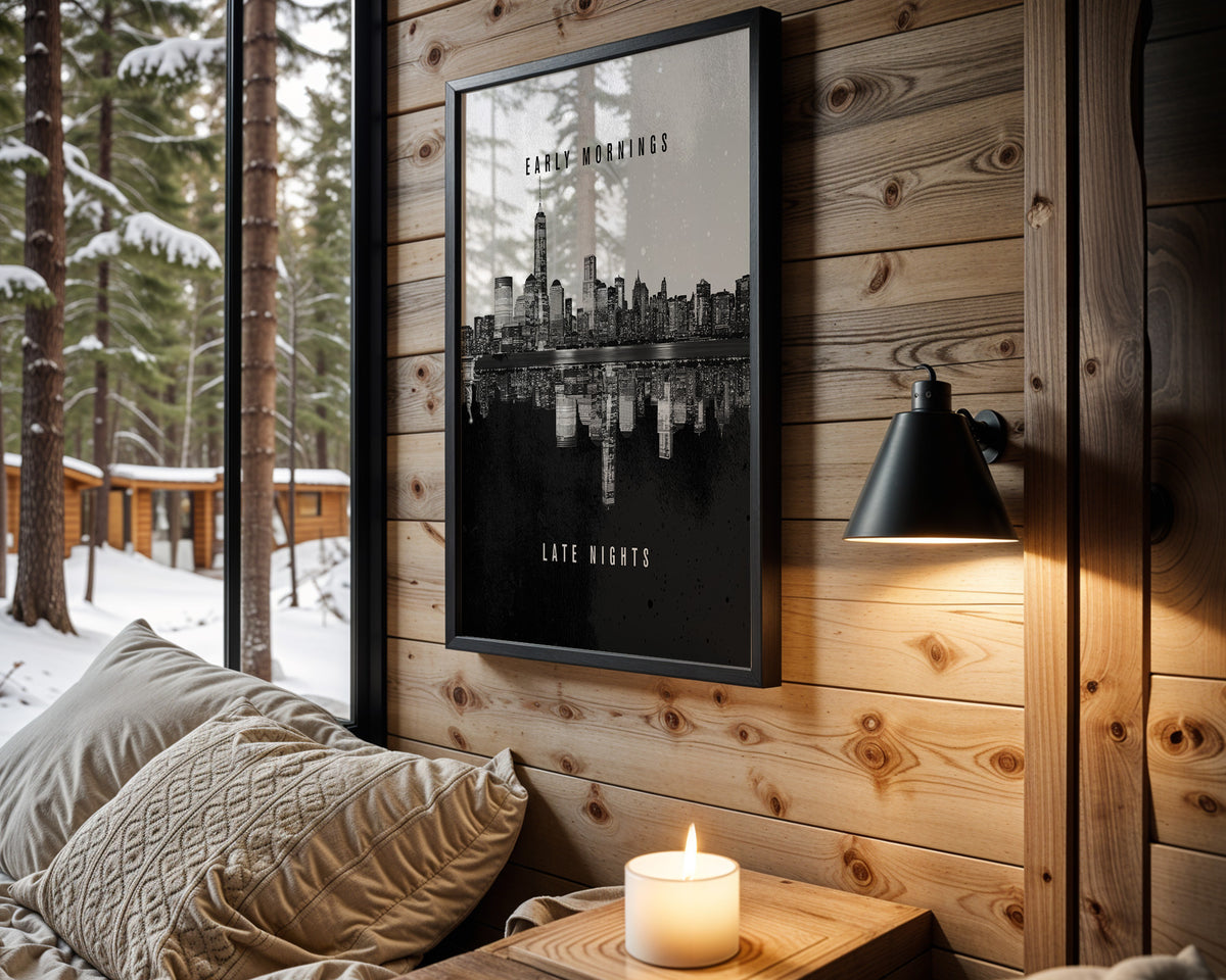 Early Mornings, Late Nights motivational wall art – main room view