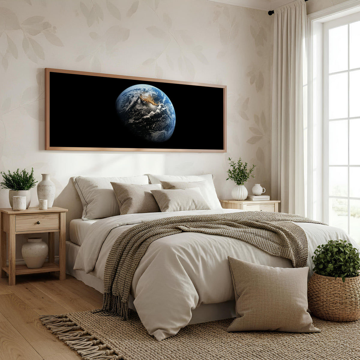 Earthrise Panoramic Wall Art shown in a bedroom