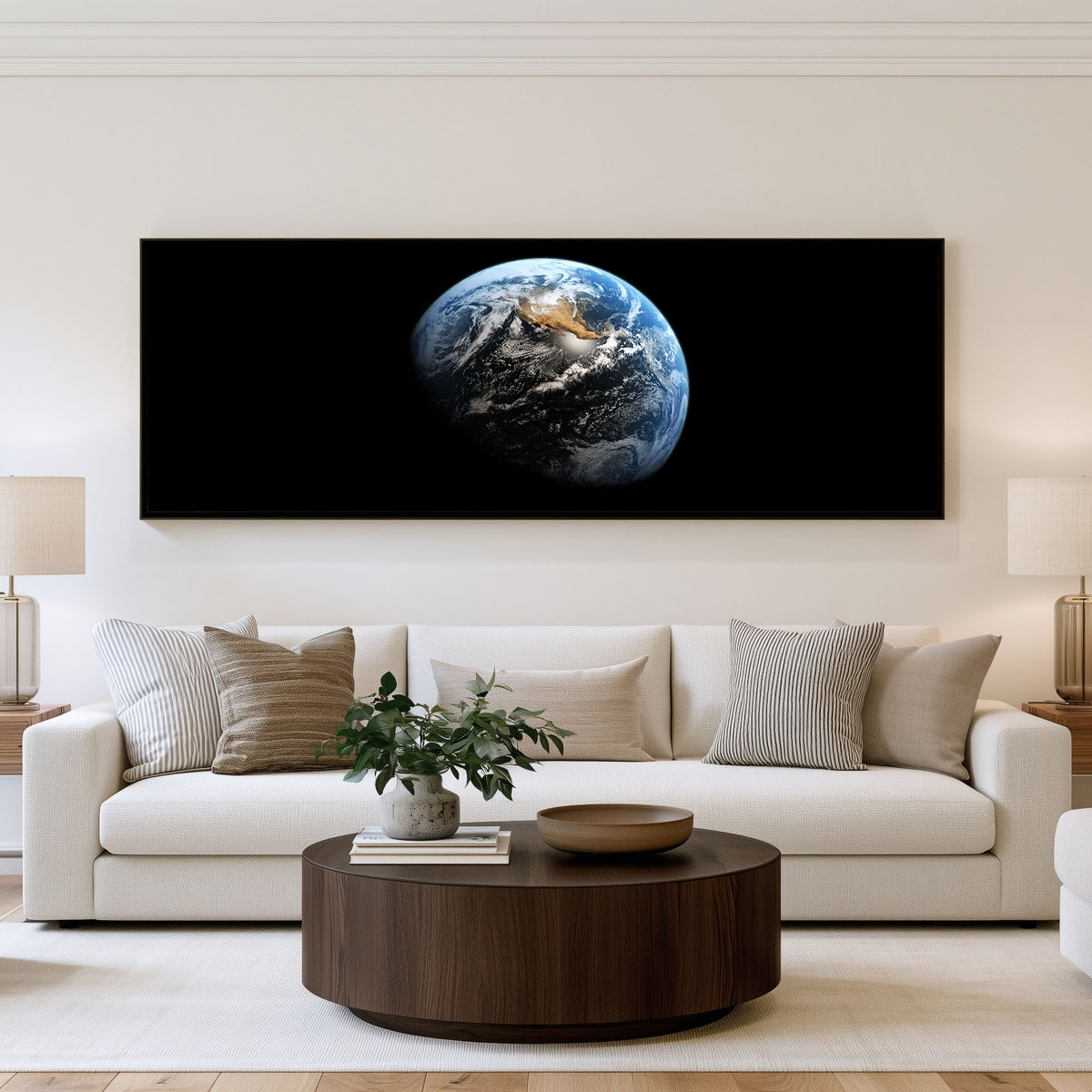 Earthrise Panoramic Wall Art shown in a living room