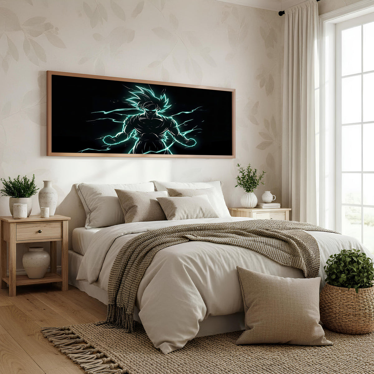 Electric Saiyan Surge Panoramic Wall Art shown in a bedroom