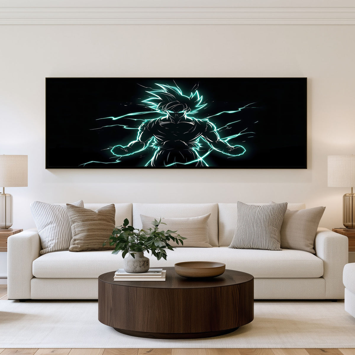 Electric Saiyan Surge Panoramic Wall Art shown in a living room