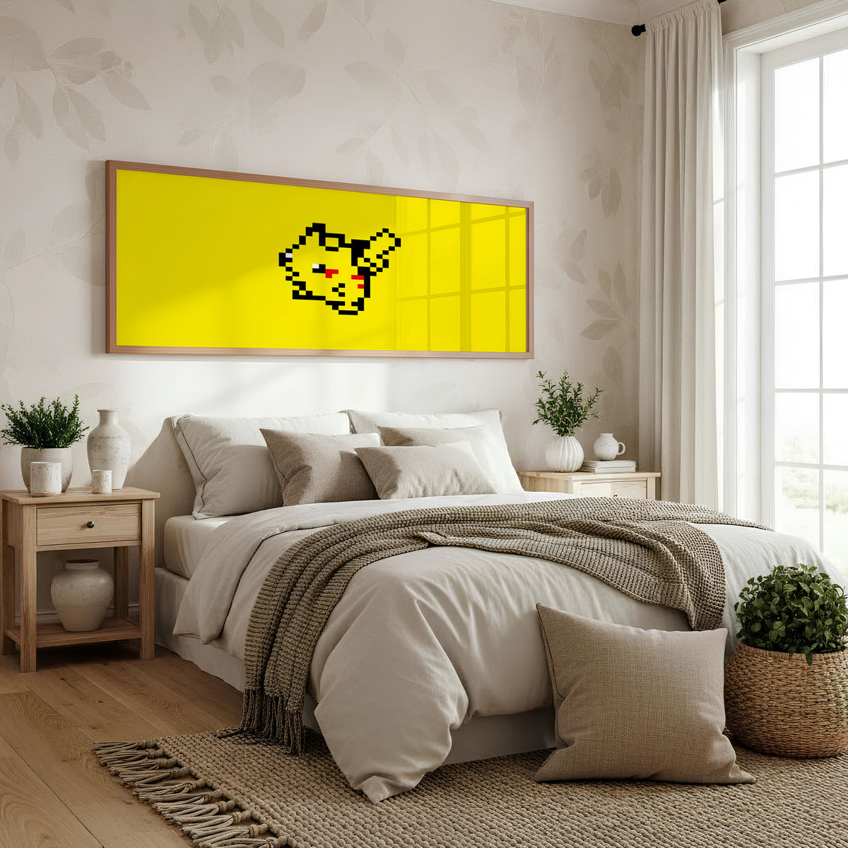 Pixel Pikachu Panoramic Wall Art shown in a bedroom