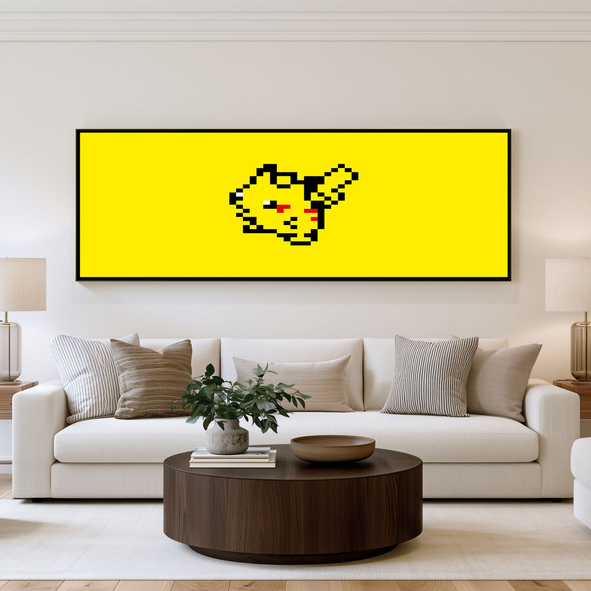 Pixel Pikachu Panoramic Wall Art shown in a living room