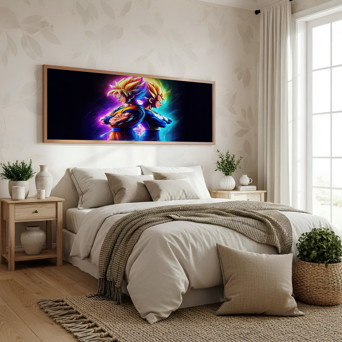 Electric Saiyan Panoramic Wall Art shown in a bedroom