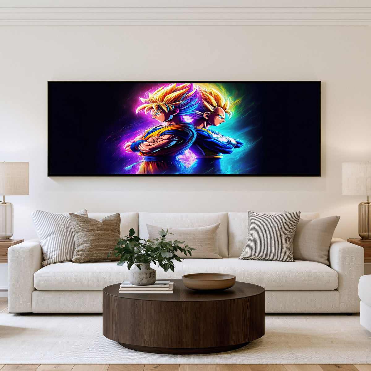 Electric Saiyan Panoramic Wall Art shown in a living room