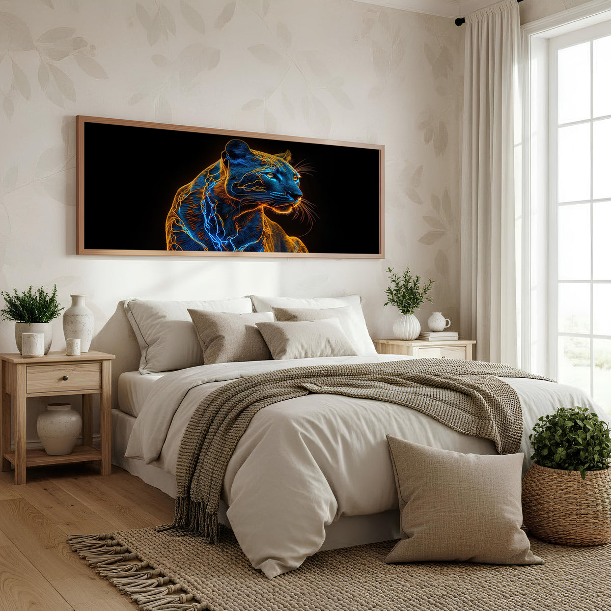 Electric Feline Panoramic Wall Art shown in a bedroom