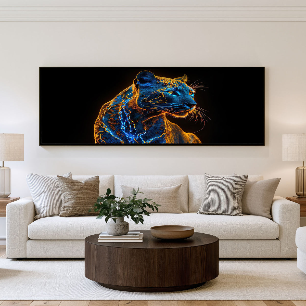 Electric Feline Panoramic Wall Art shown in a living room