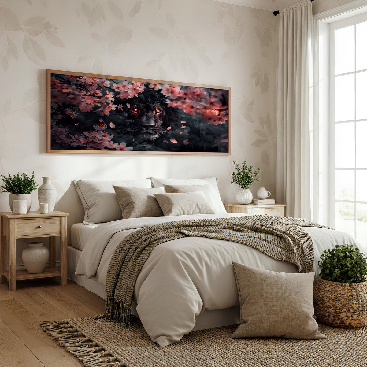 Midnight Cat Blossom Panoramic Wall Art shown in a bedroom