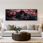 Midnight Cat Blossom Panoramic Wall Art shown in a living room