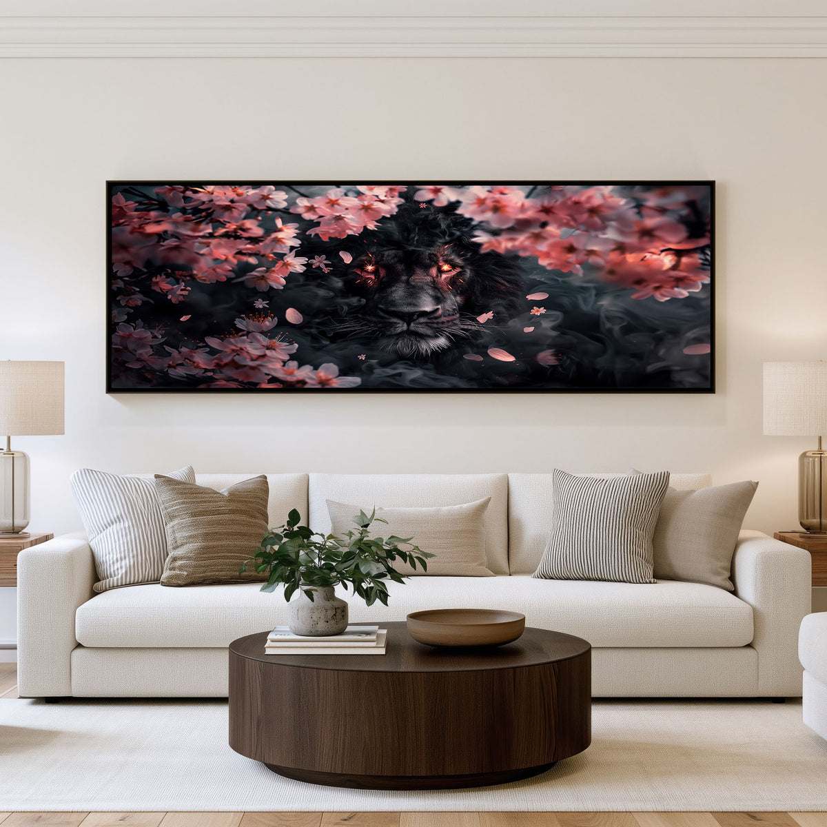 Midnight Cat Blossom Panoramic Wall Art shown in a living room