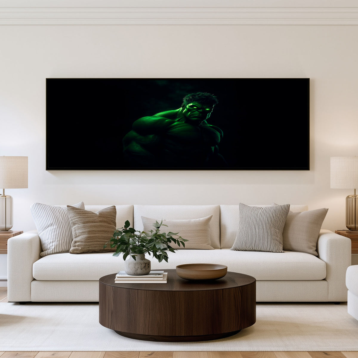 Emerald Shadow panoramic superhero wall art shown in a living room