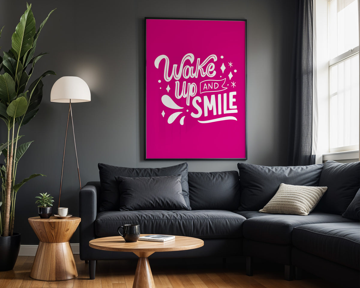 Wake Up and Smile quote wall art – framed room view