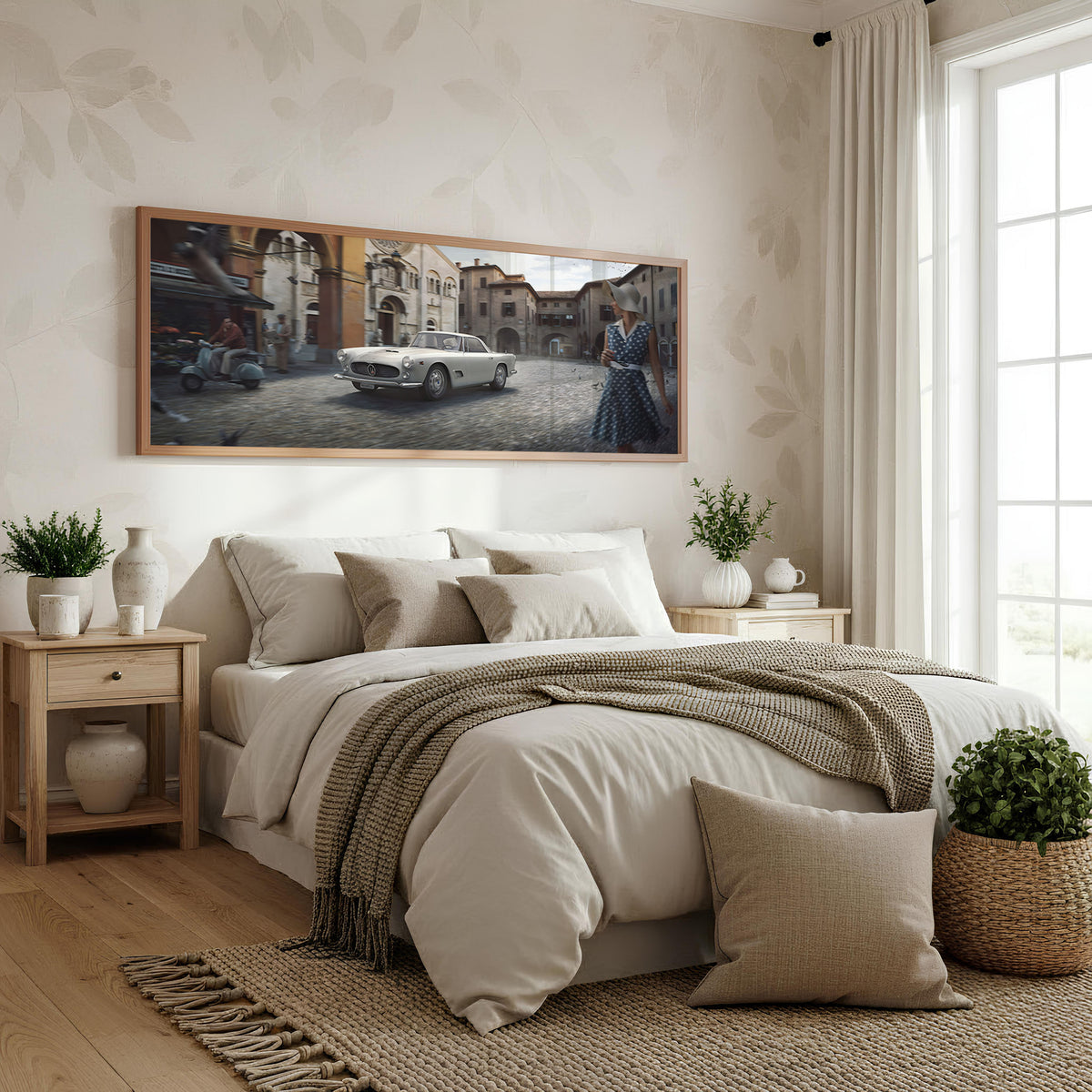 European Street Classic panoramic wall art shown in a bedroom