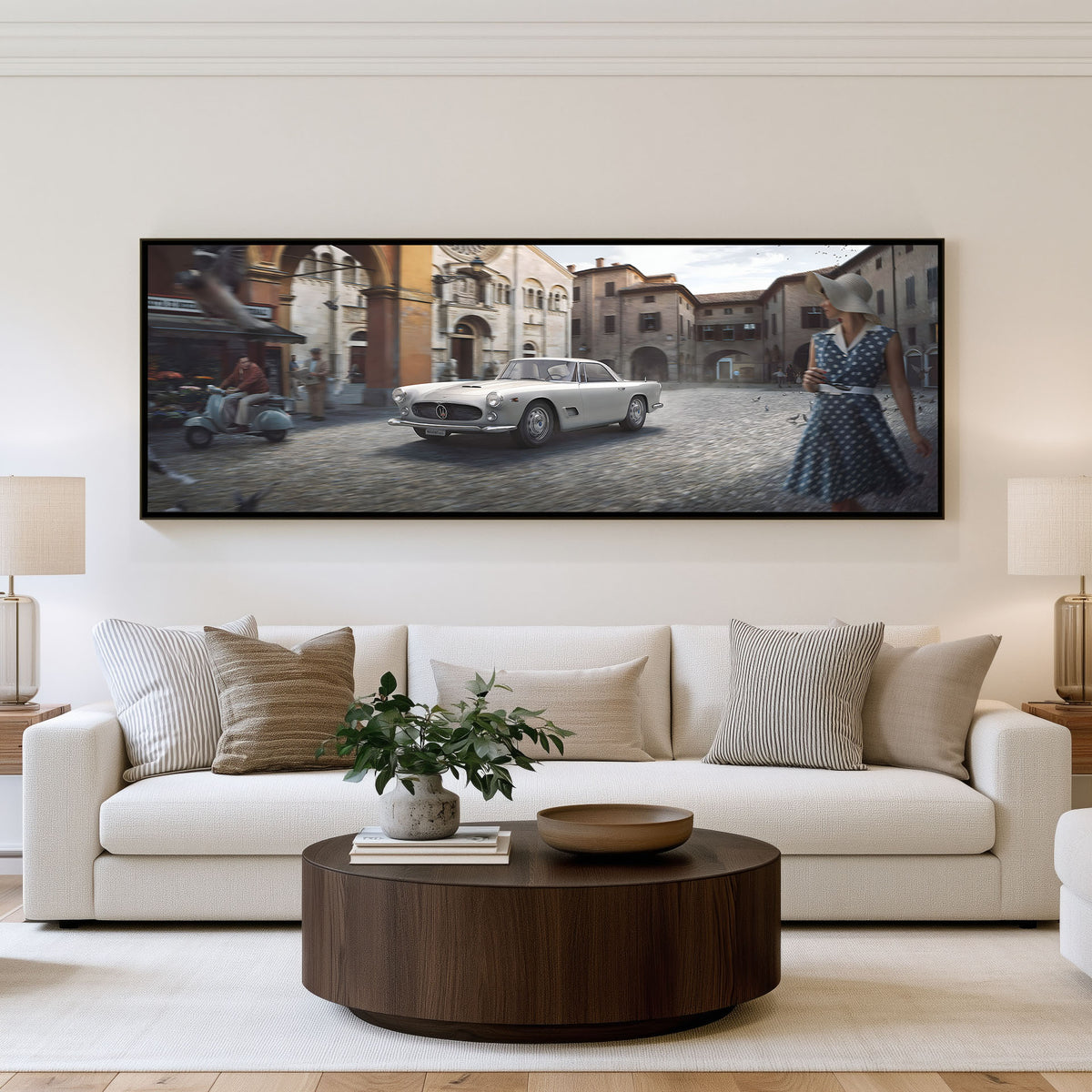 European Street Classic panoramic wall art shown in a living room