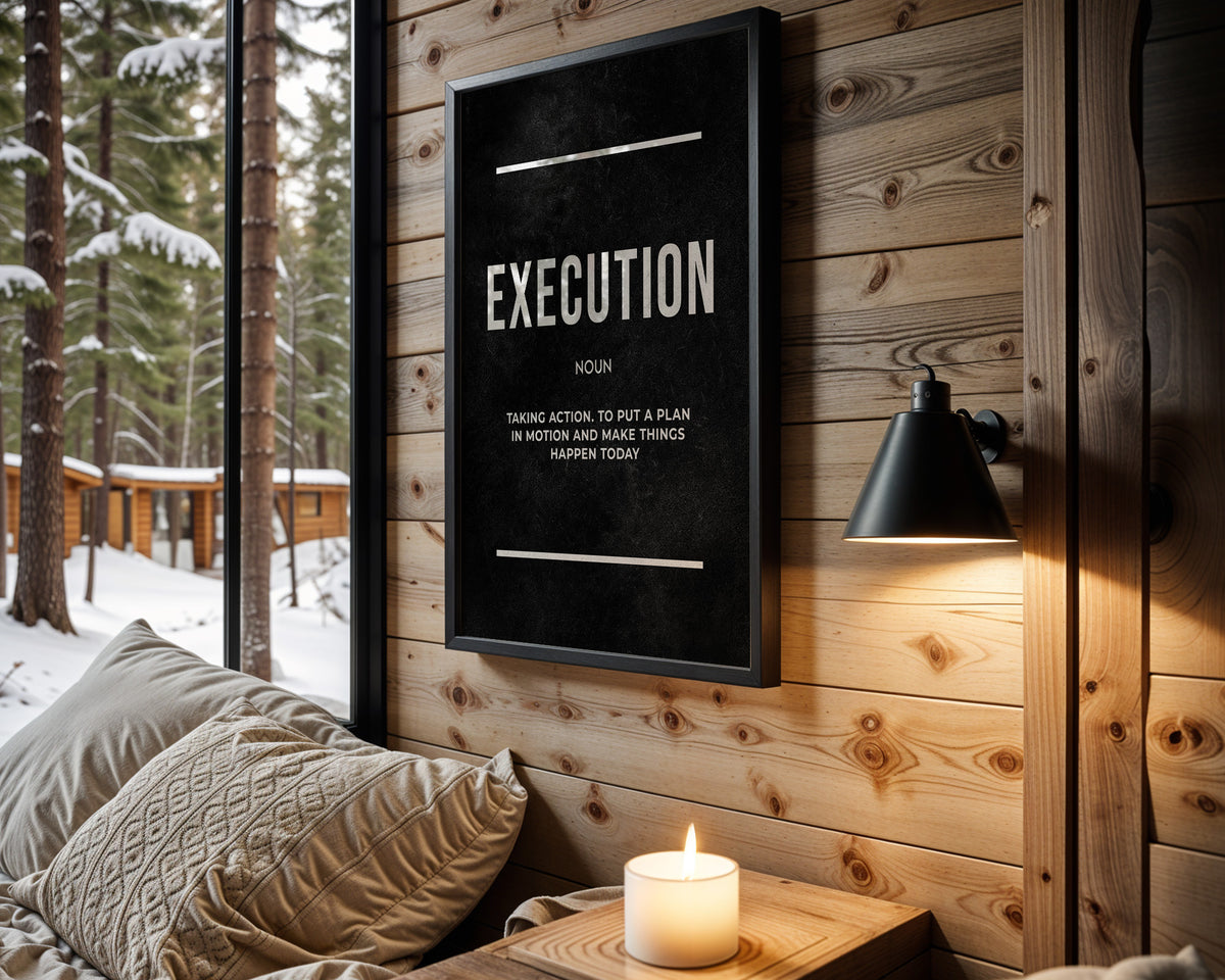Execution Over Intention motivational wall art – main room view
