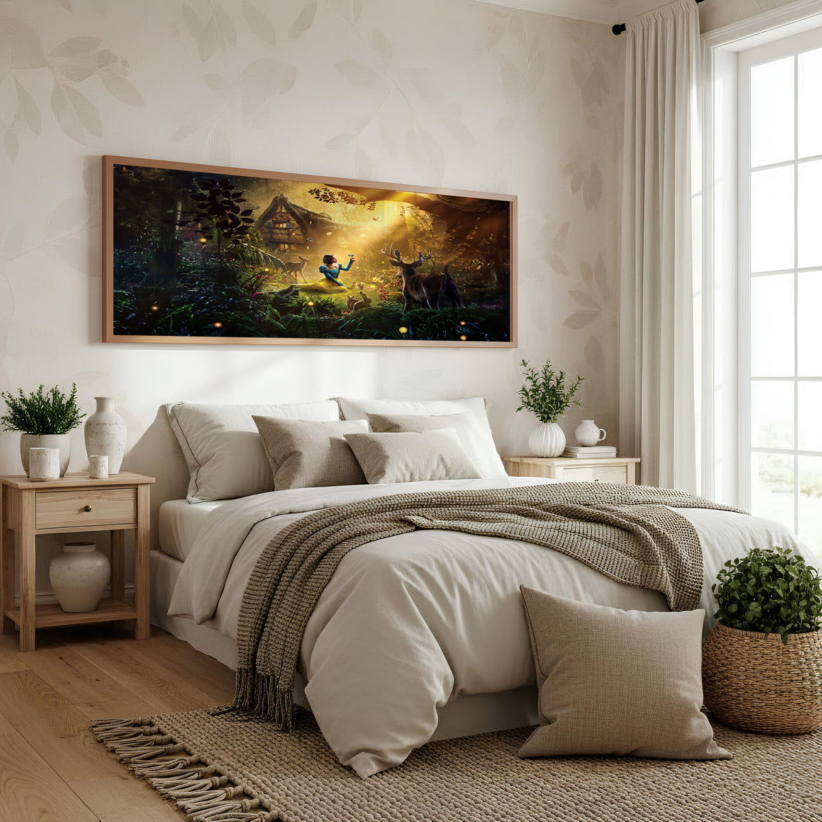 Enchanted Forest Encounter Panoramic Wall Art shown in a bedroom