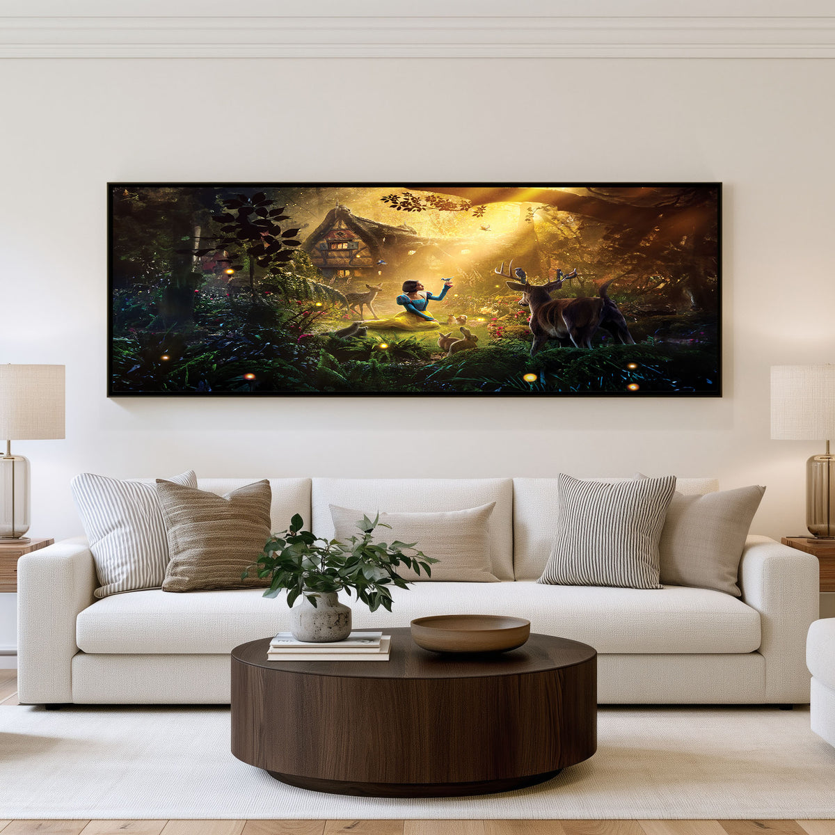 Enchanted Forest Encounter Panoramic Wall Art shown in a living room