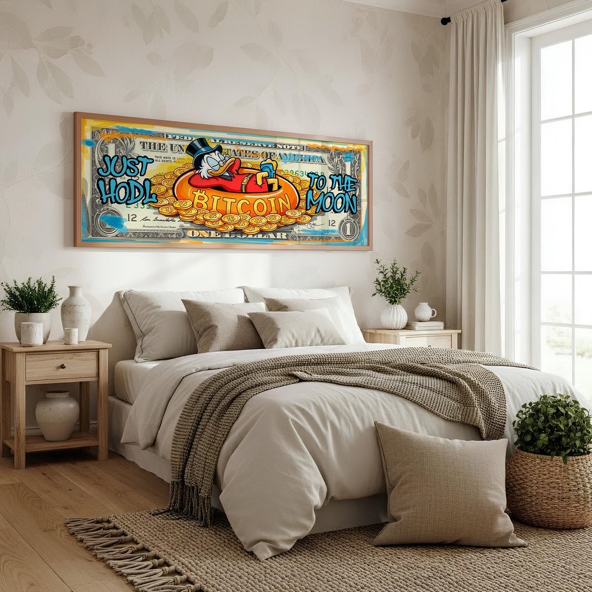 Scrooge Bitcoin Bath Panoramic Wall Art shown in a bedroom