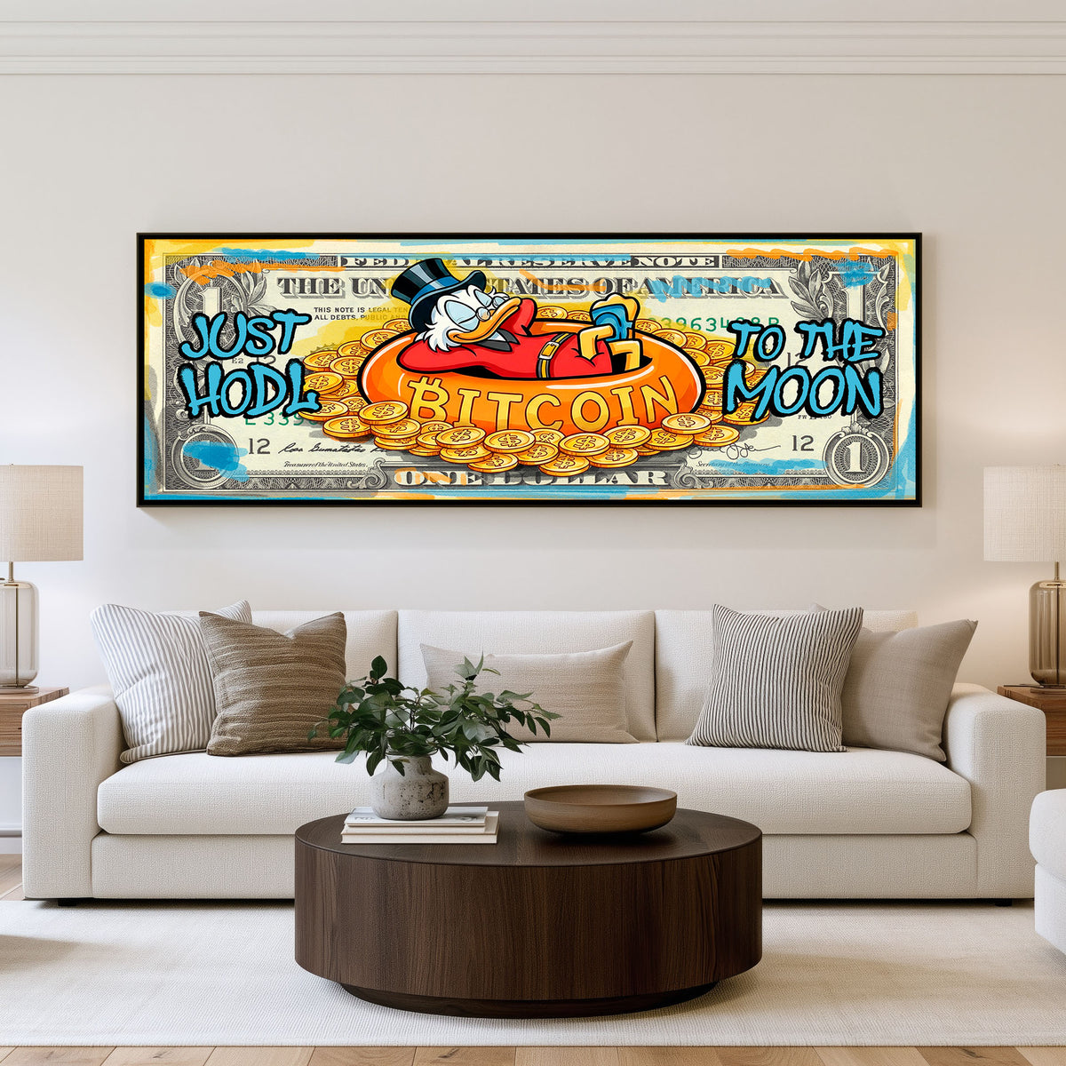 Scrooge Bitcoin Bath Panoramic Wall Art shown in a living room