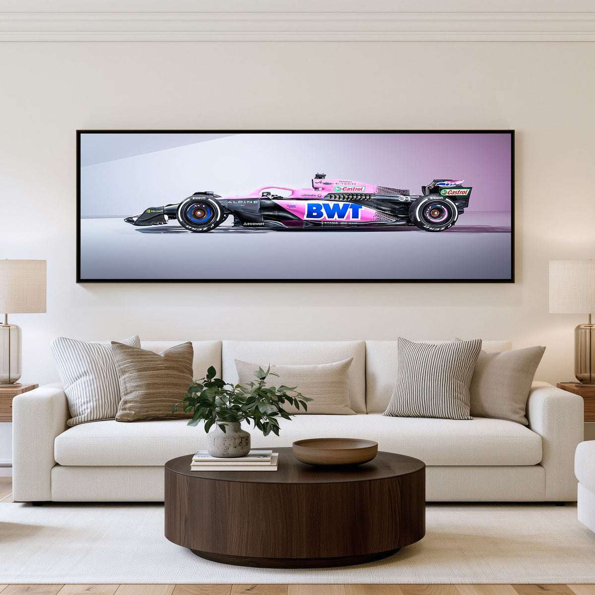 Final Lap Panoramic Formula 1 Wall Art shown in a living room