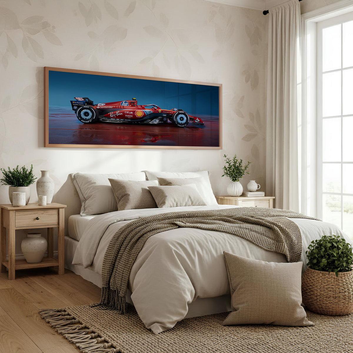 Flat Out Panoramic Formula 1 Wall Art shown in a bedroom