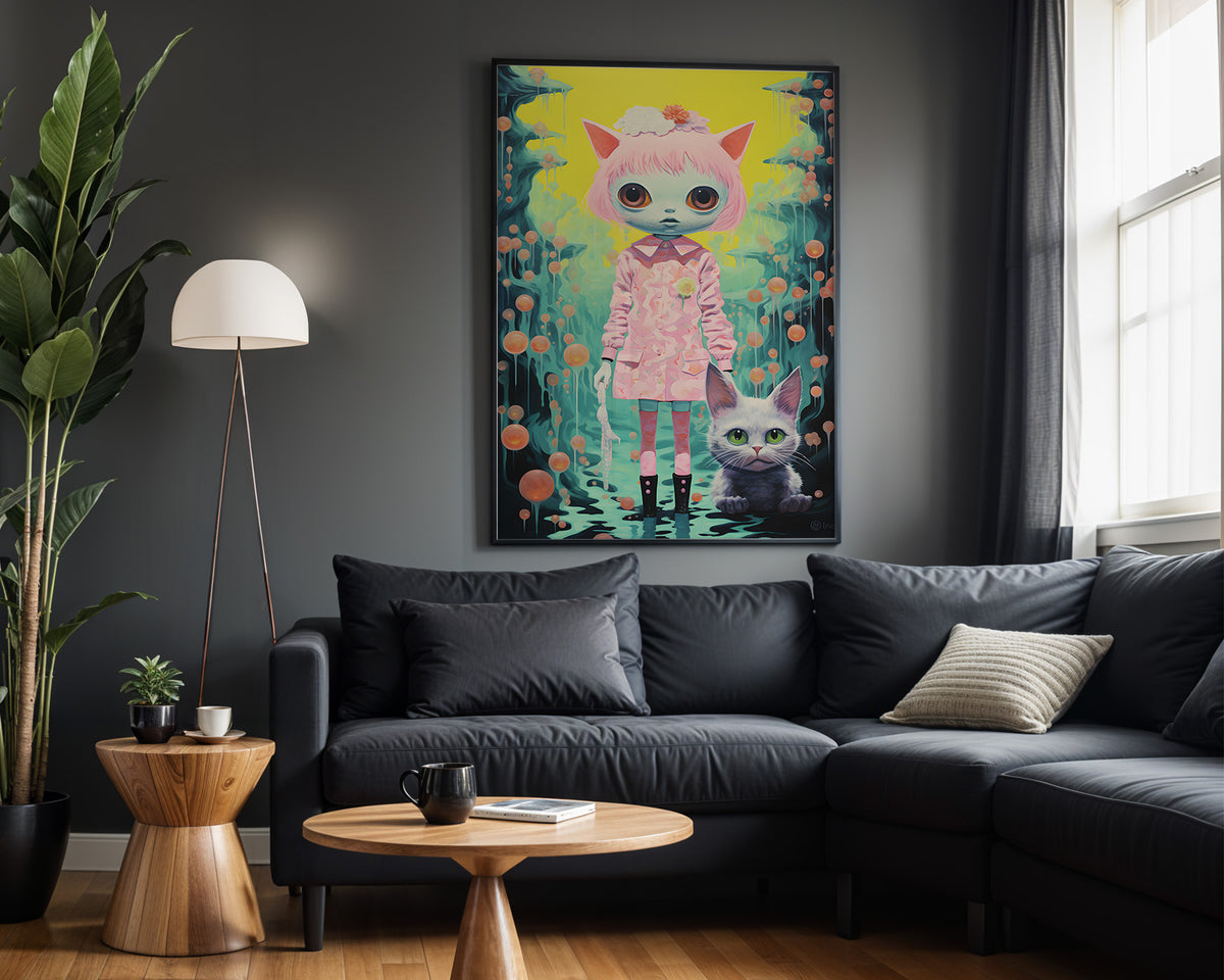 Floral Gaze psychedelic wall art – dark lounge view