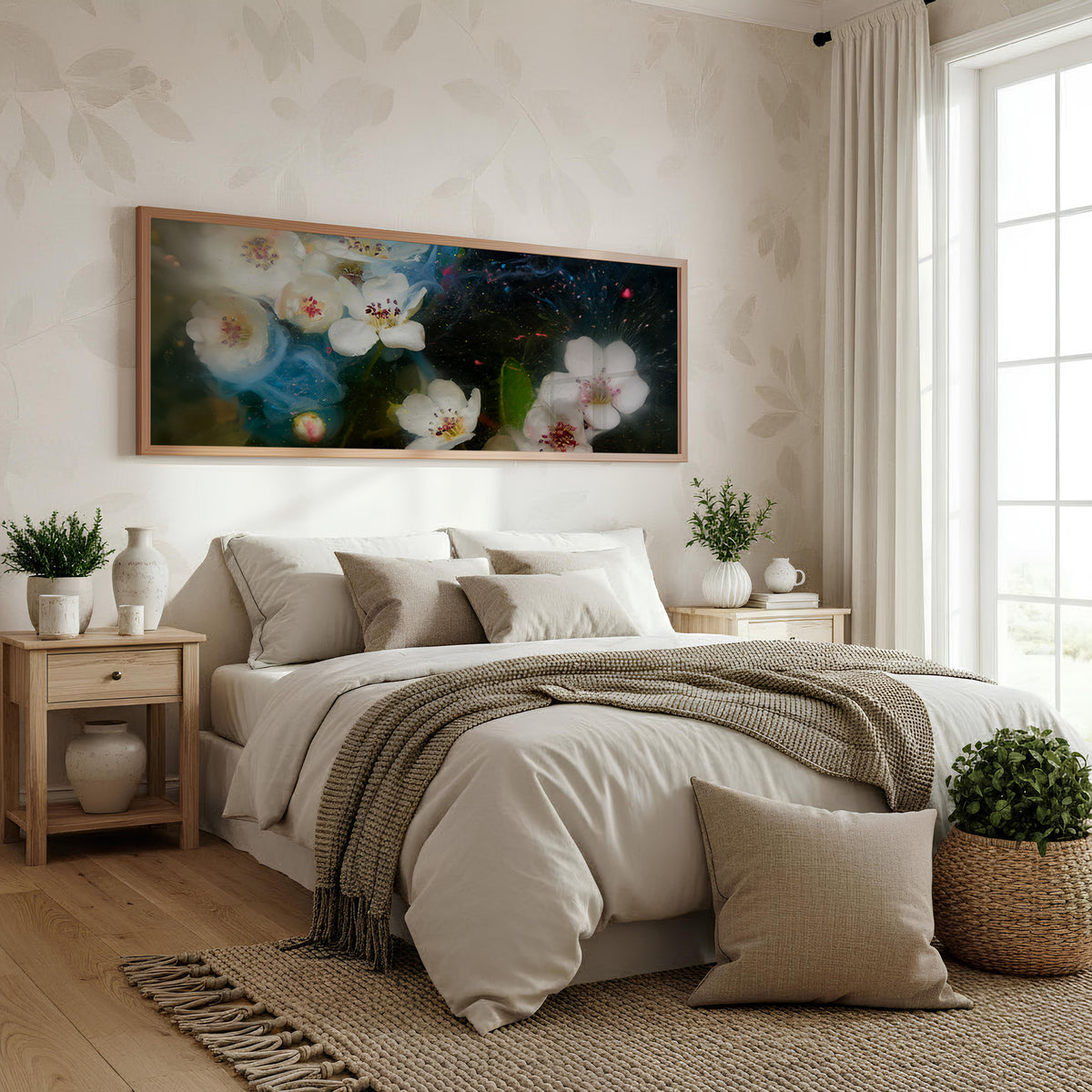 Floral Reverie Panoramic Wall Art shown in a bedroom