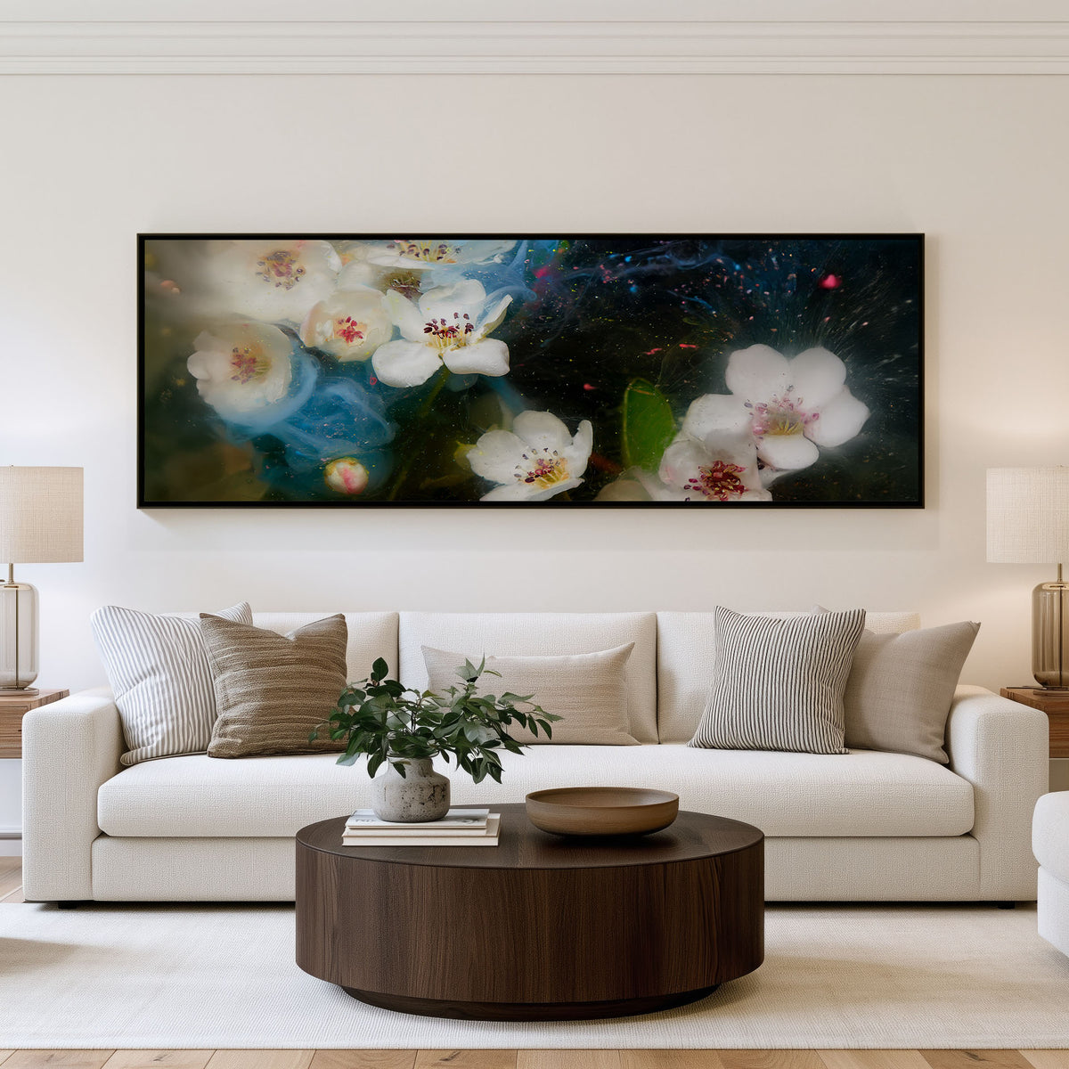Floral Reverie Panoramic Wall Art shown in a living room