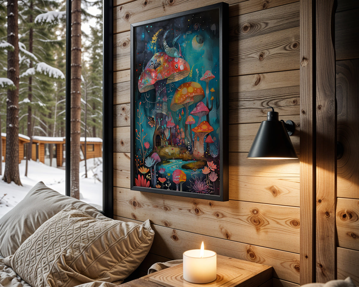 Floral Skull Drift psychedelic wall art – cabin room view