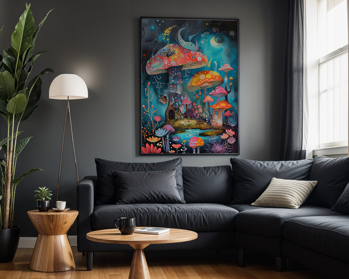 Floral Skull Drift psychedelic wall art – dark lounge view