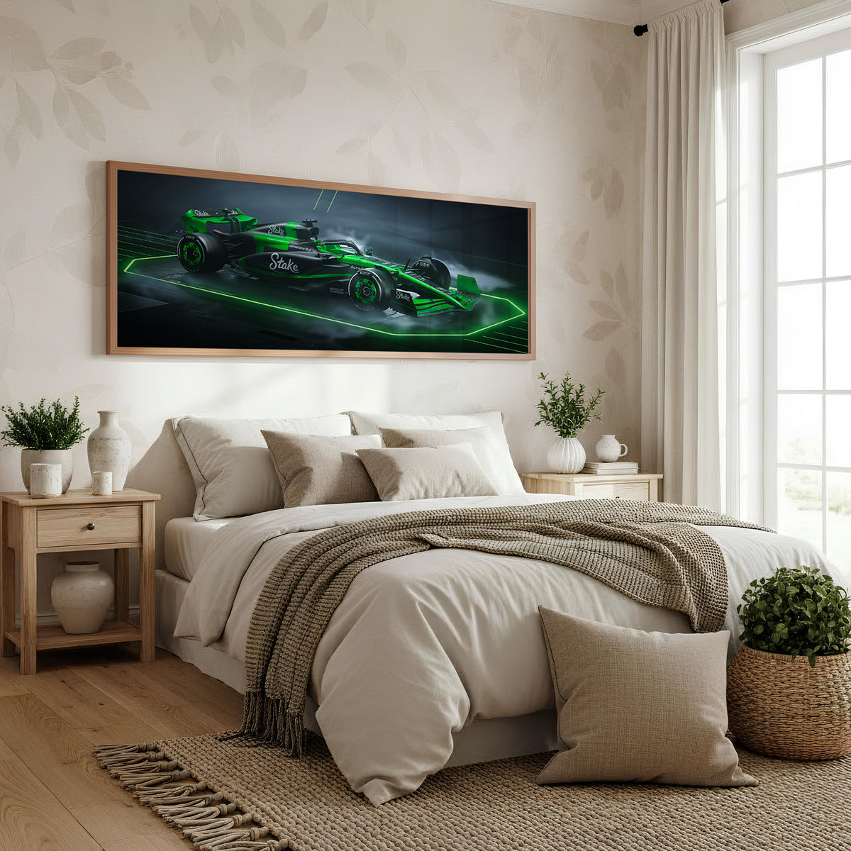 Flying Lap Panoramic Formula 1 Wall Art shown in a bedroom