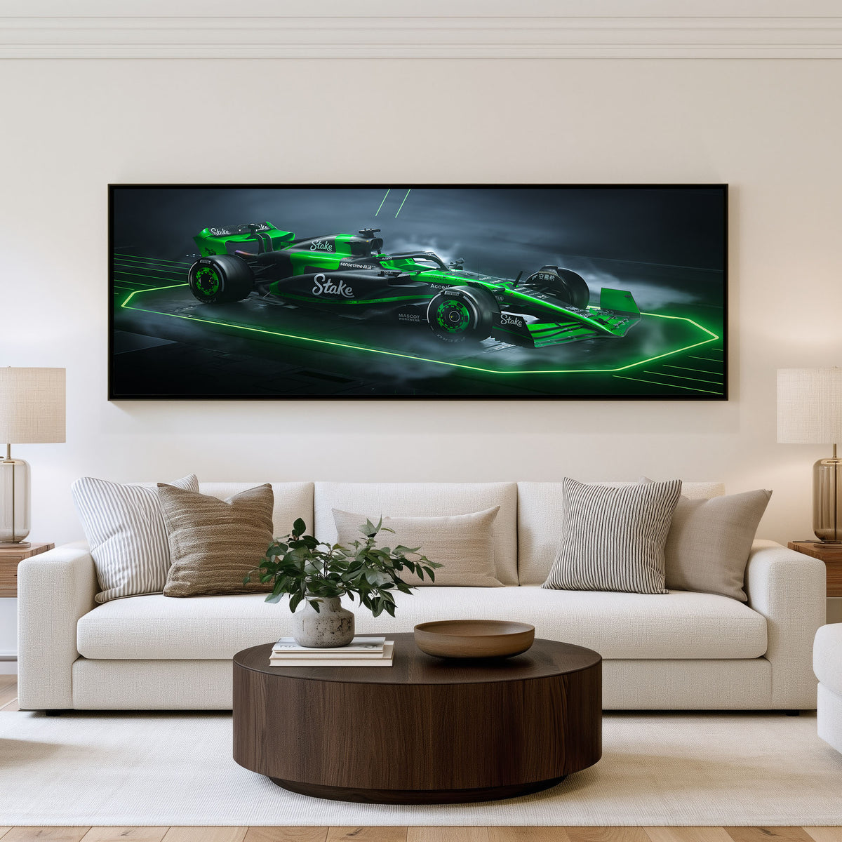 Flying Lap Panoramic Formula 1 Wall Art shown in a living room